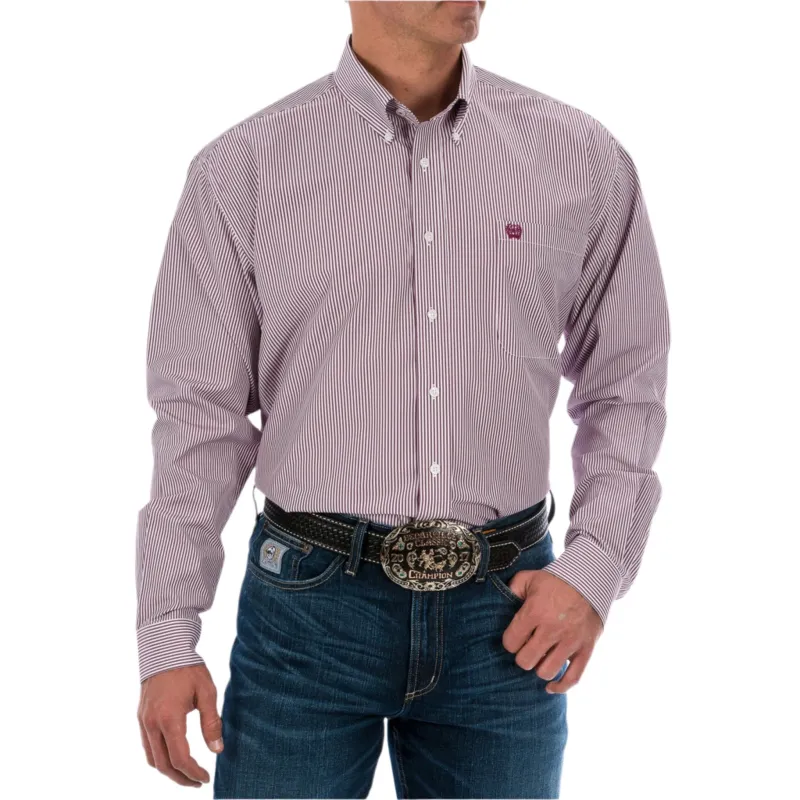 Cinch Men's Burgundy Stripe Tencel Long Sleeve Shirt sold by Western Edge