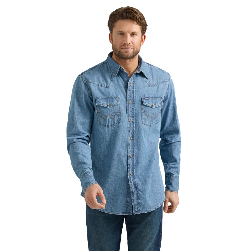 Wrangler Men's Light Wash Denim Snap Long Sleeve Shirt made by Western Edge