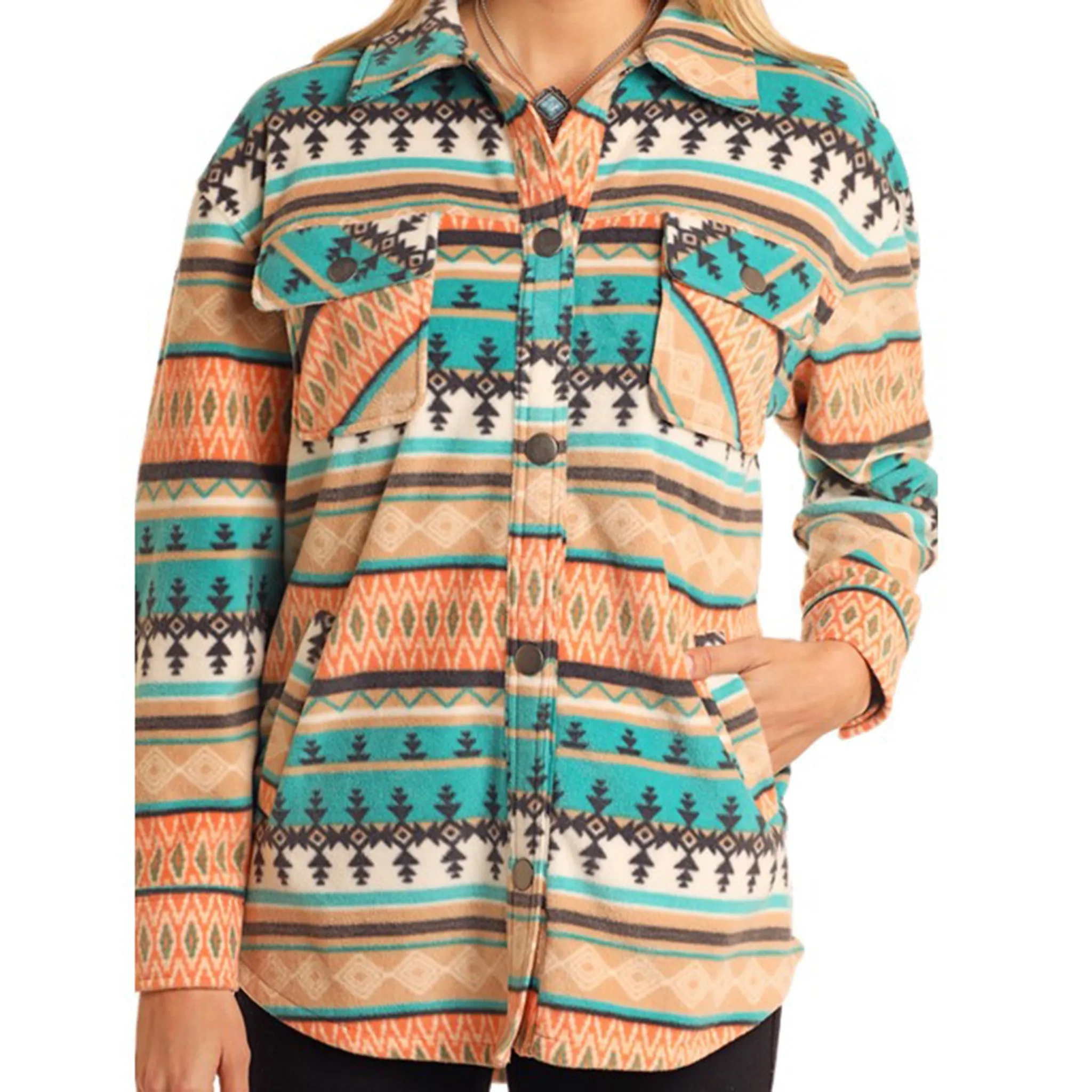 Rock & Roll Women's Turquoise & Coral Aztec Fleece Shacket sold by Western Edge product image thumbnail 2