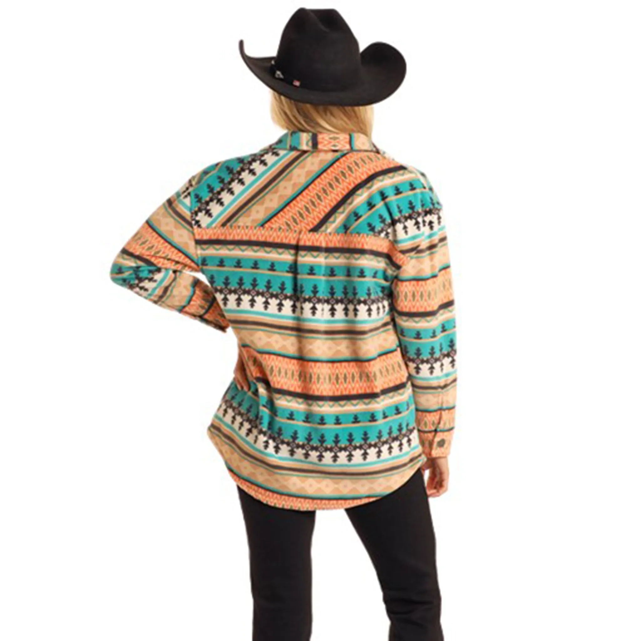 Rock & Roll Women's Turquoise & Coral Aztec Fleece Shacket sold by Western Edge product image thumbnail 3
