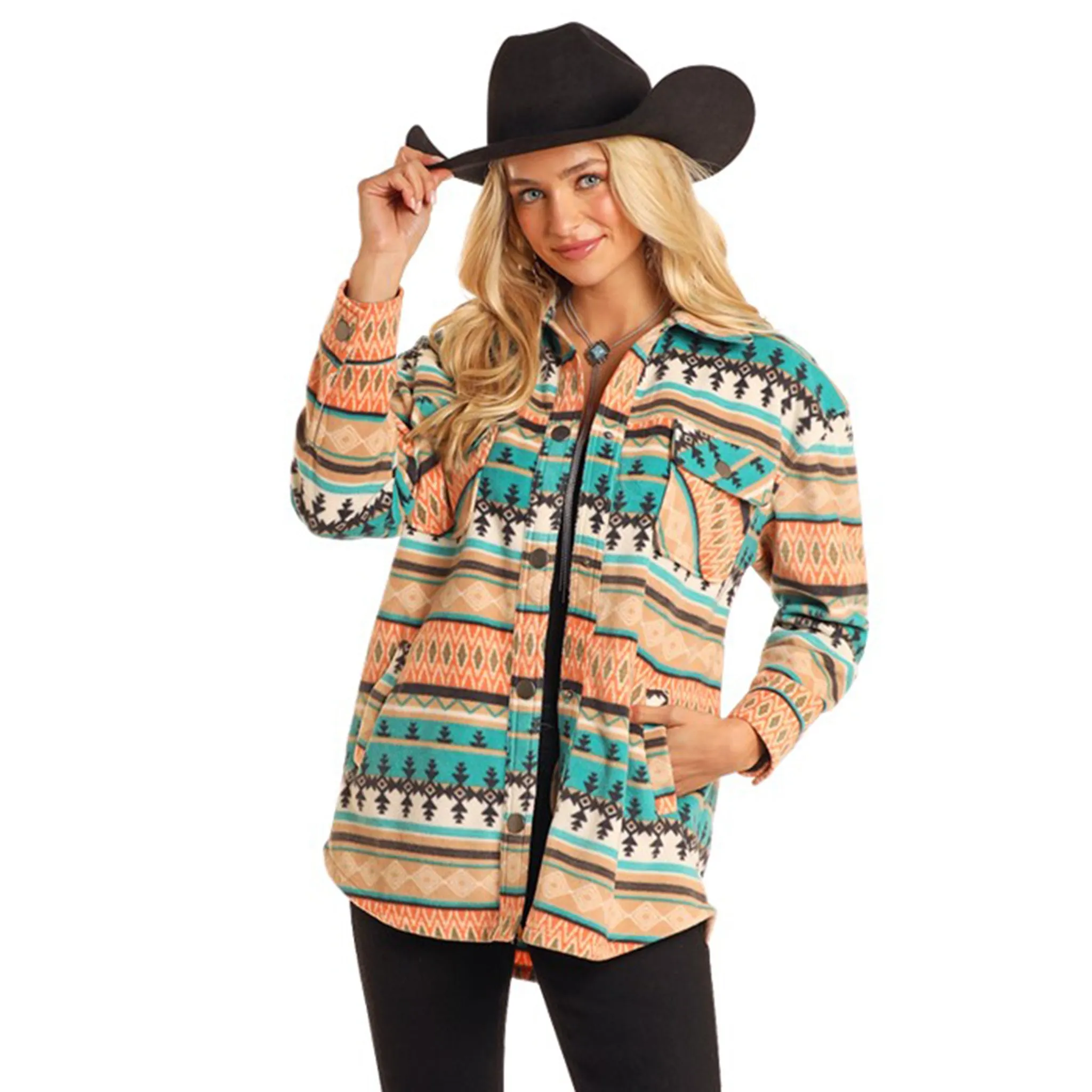 Rock & Roll Women's Turquoise & Coral Aztec Fleece Shacket sold by Western Edge