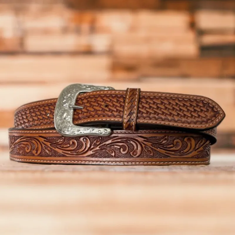 Ranger Men's Natural Basketweave & Tooled Belt made by Western Edge