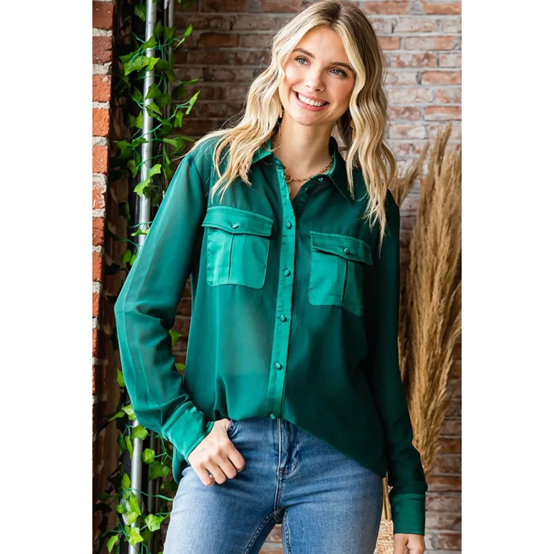 Women's Hunter Green Sheer Pocket Long Sleeve made by First Love
