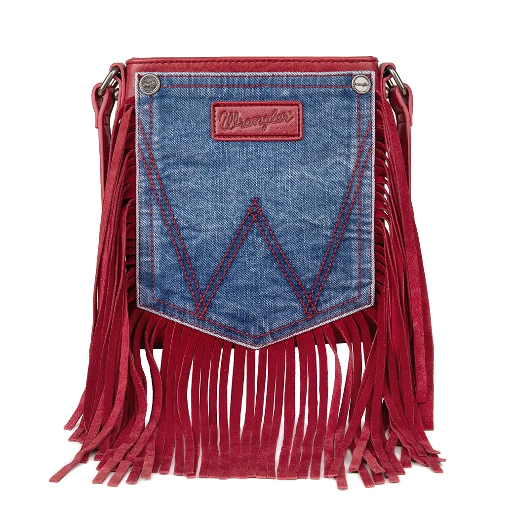 Montana West Wrangler Red Fringe Denim Pocket Crossbody sold by Western Edge