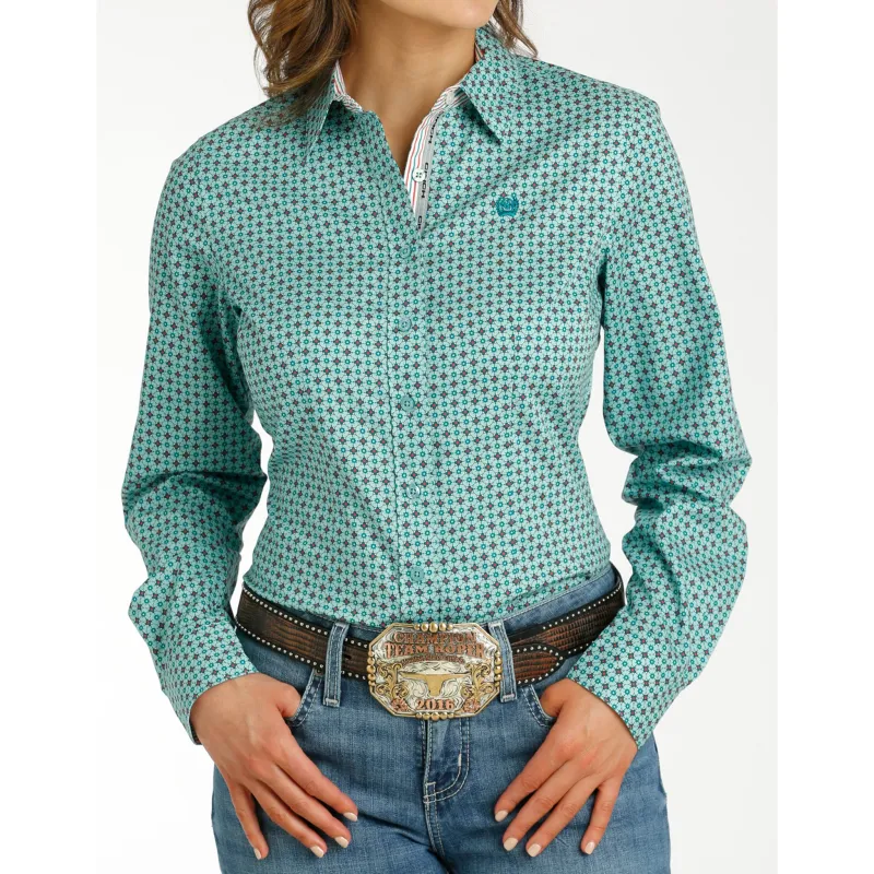 Cinch Women's Aqua Geo Print Long Sleeve made by Cinch
