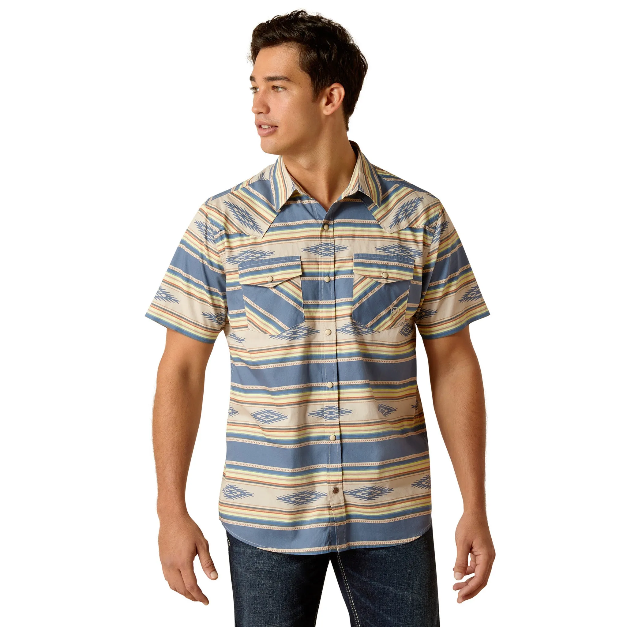 Ariat Men's Hebastian Sand & Blue Short Sleeve sold by Western Edge