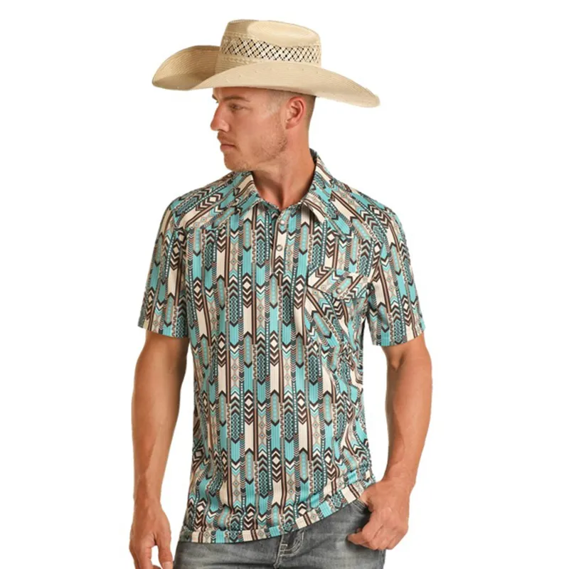Rock & Roll Men's Turquoise & Brown SW Polo sold by Western Edge