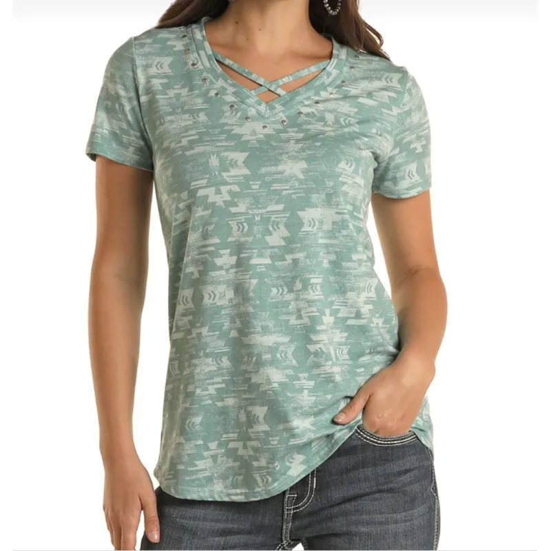 Panhandle Women's Criss Cross Aqua T-Shirt made by Western Edge
