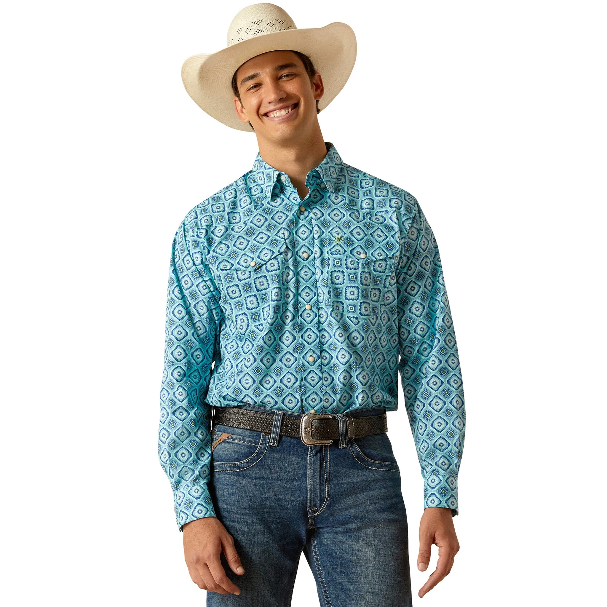 Ariat Men's Turquoise Geo Print Shirt sold by Western Edge