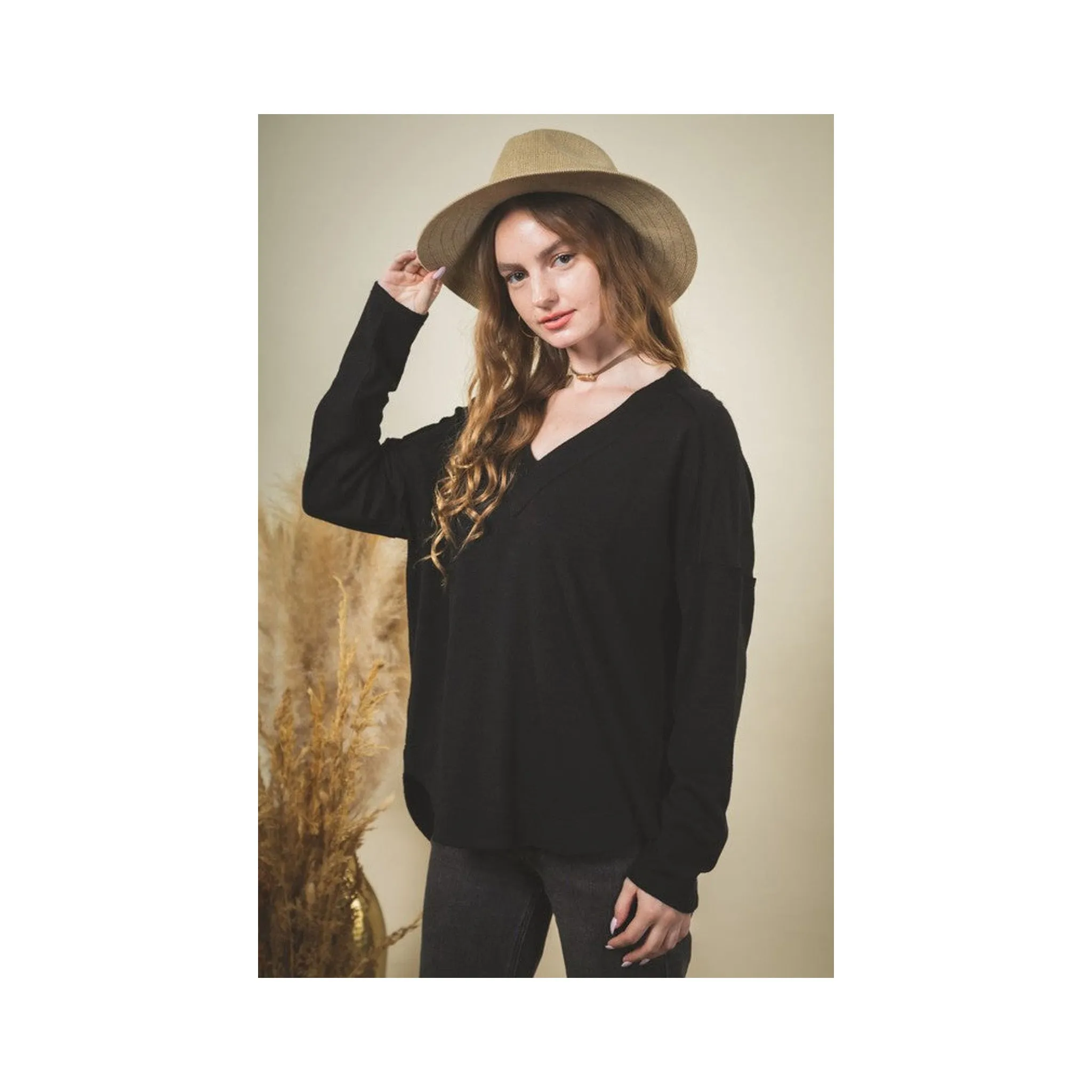 Very J Women's Black Brushed Knit V Neck sold by Western Edge