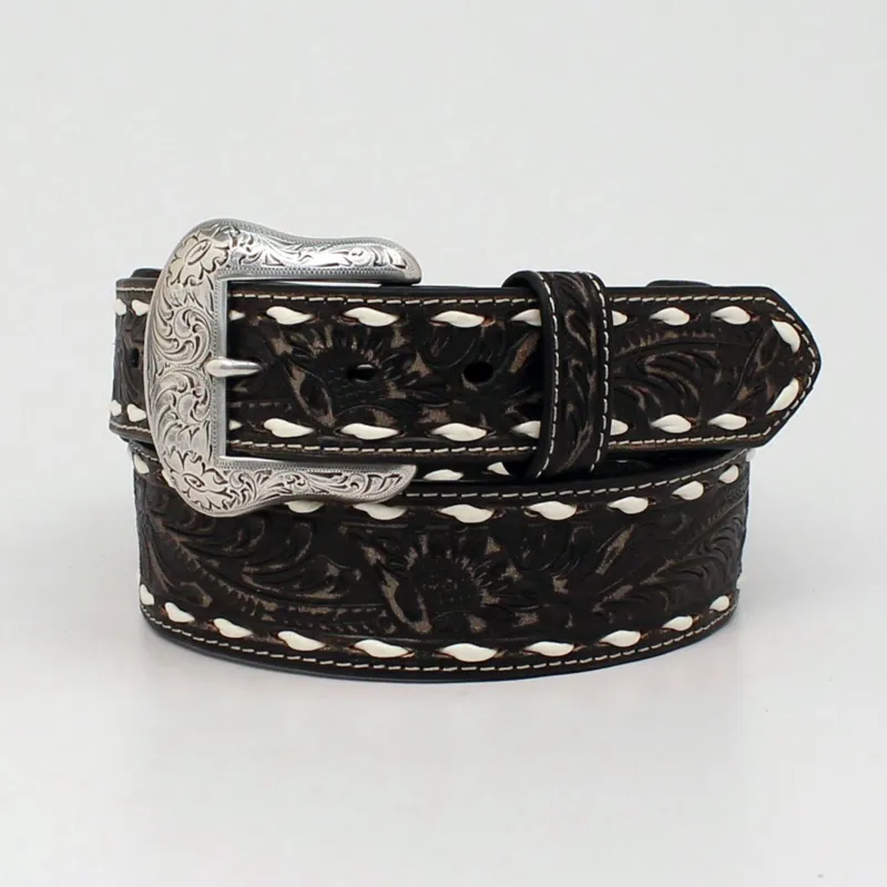 Nocona Men's Black Distressed Tooled Belt made by Nocona