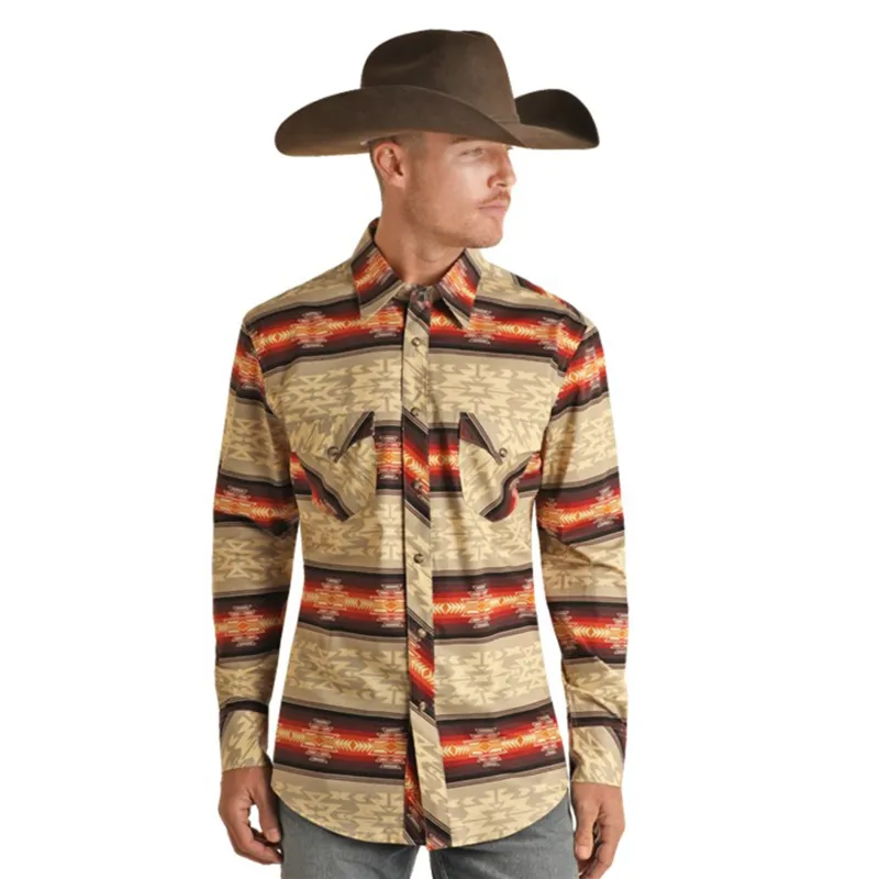 Rock & Roll Men's Cream & Ornge & Brown Aztec Shirt sold by Western Edge