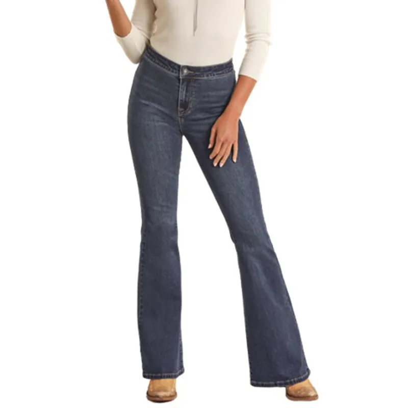 Rock & Roll Women's Dark Wash Button Flare Jeans made by Western Edge