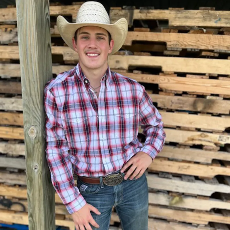 Wrangler Men's Navy & Red Plaid Shirt sold by Western Edge