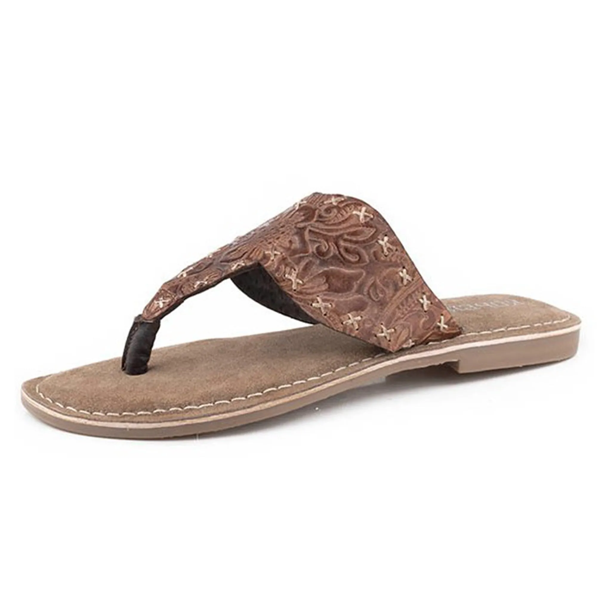 Roper Women's Brown Floral Leather Flat Sandals sold by Western Edge