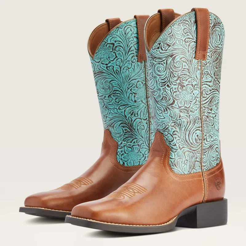 Ariat Women's Round Up Brown/Turquoise Square Toe Boots made by Ariat