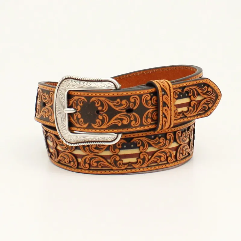 3D Men's Tooled Overlay USA Flag Underlay Belt made by Western Edge