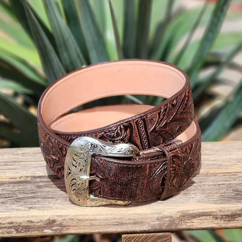 Tanner Mark Men's Brown Floral Tooled Belt made by Western Edge