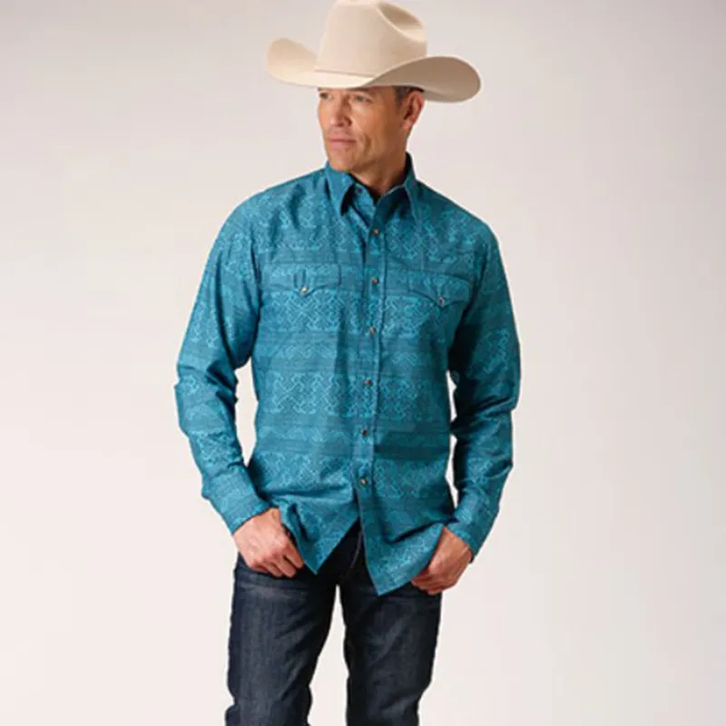 Roper Men's Turquoise and Blue Aztec Print Shirt made by Western Edge