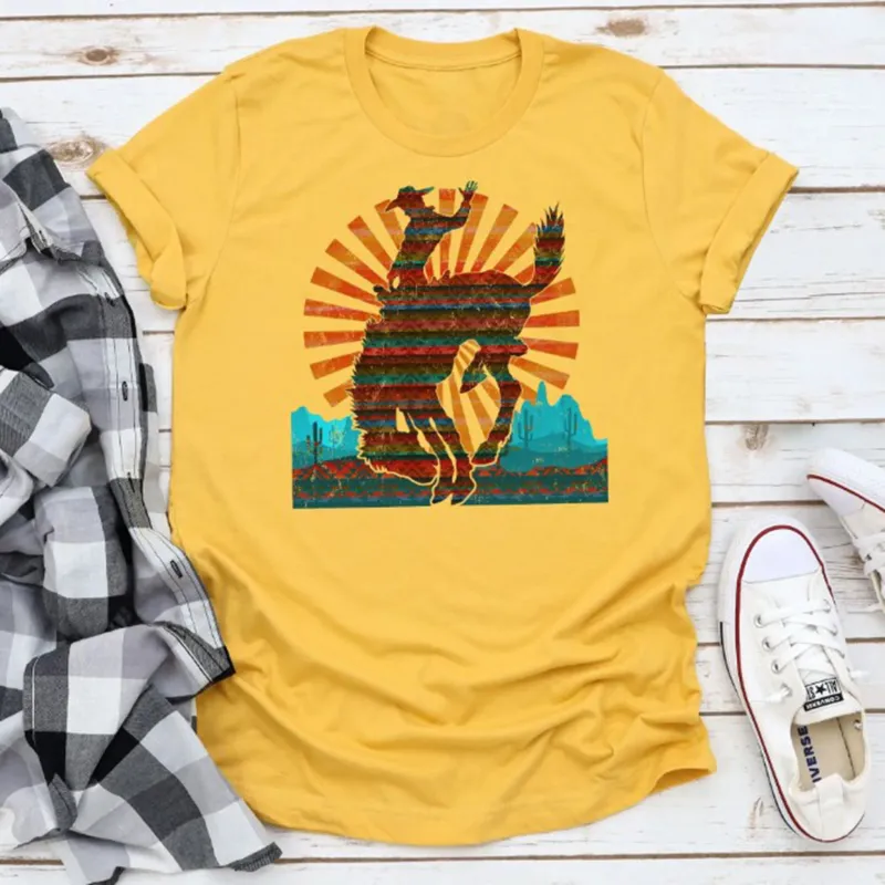 Cactus Bronco Mustard Tee made by Western Edge