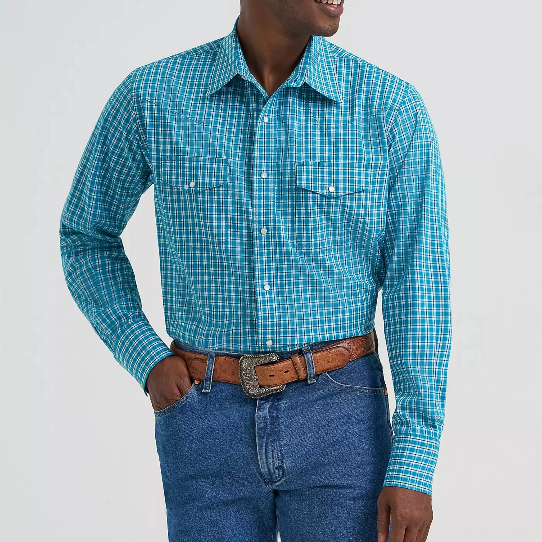 Wrangler Men's Teal Plaid Long Sleeve Shirt sold by Western Edge