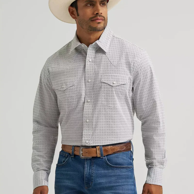 Wrangler Men's Grey Geometric Print Long Sleeve Shirt made by Wrangler
