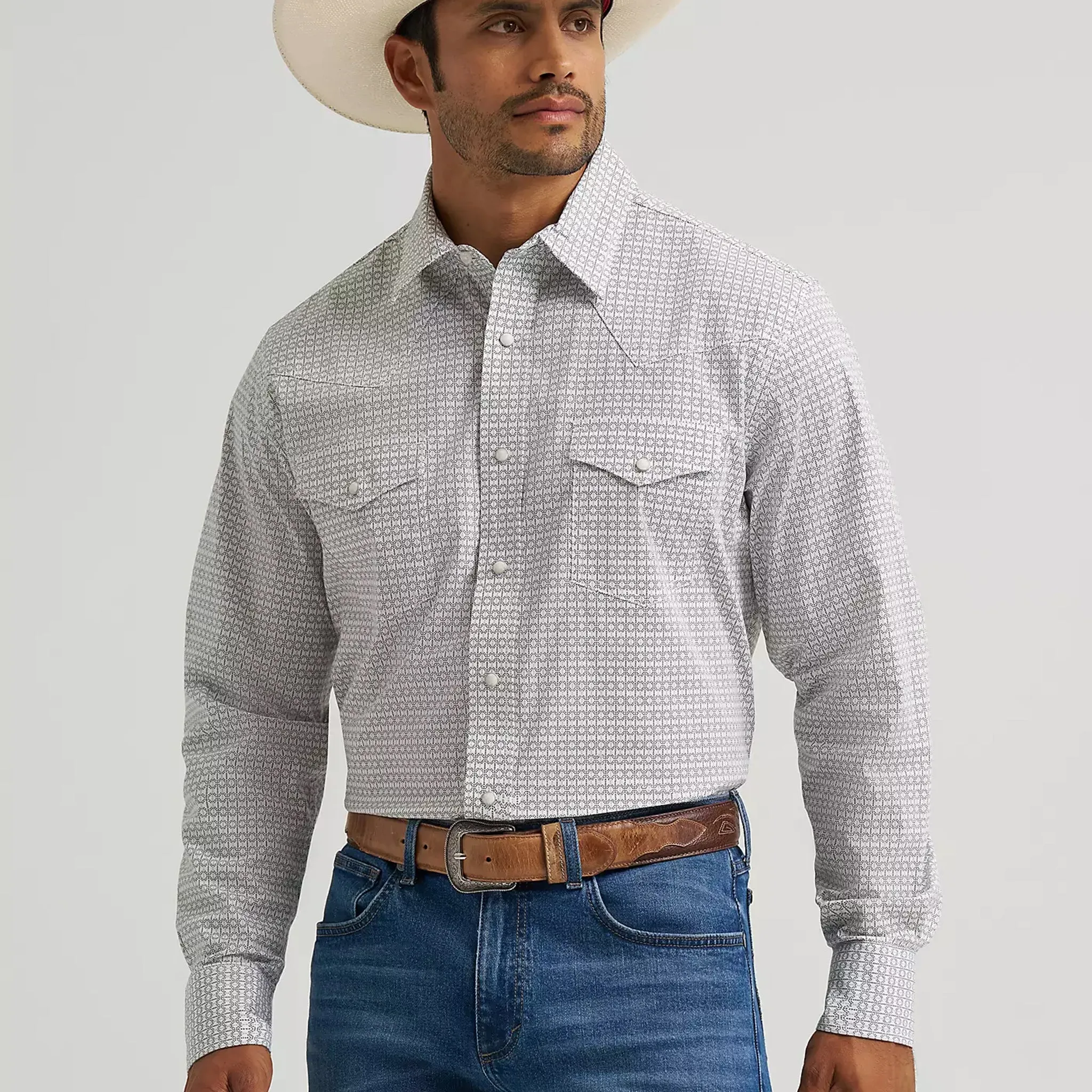 Wrangler Men's Grey Geometric Print Long Sleeve Shirt sold by Western Edge