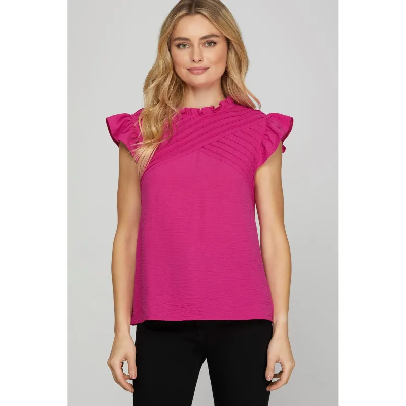 Pink Ruffle Sleeve Pintuck Detail Woven Top made by She and Sky