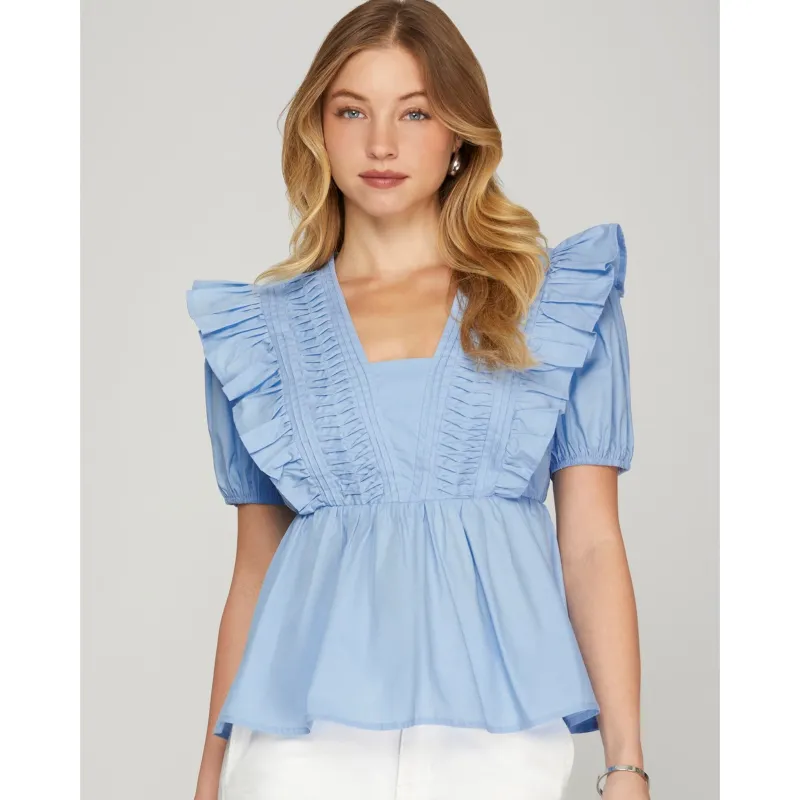 Light Blue Pintuck Yoke Ruffle Sleeve Top made by She and Sky