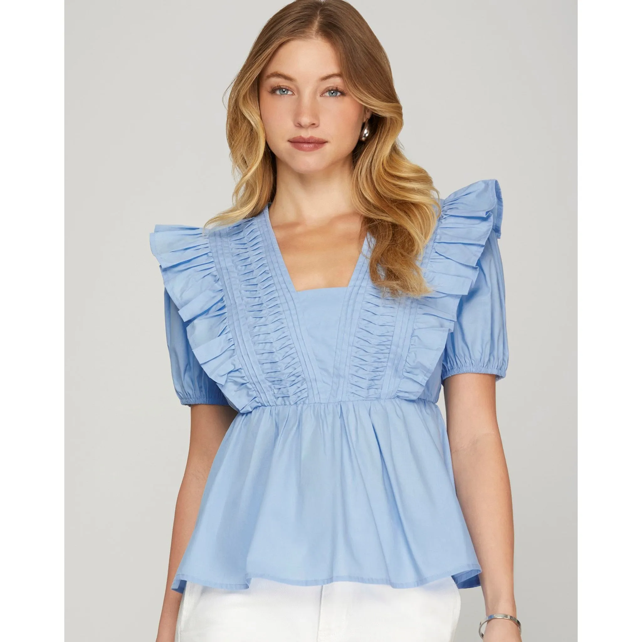 Light Blue Pintuck Yoke Ruffle Sleeve Top sold by Western Edge