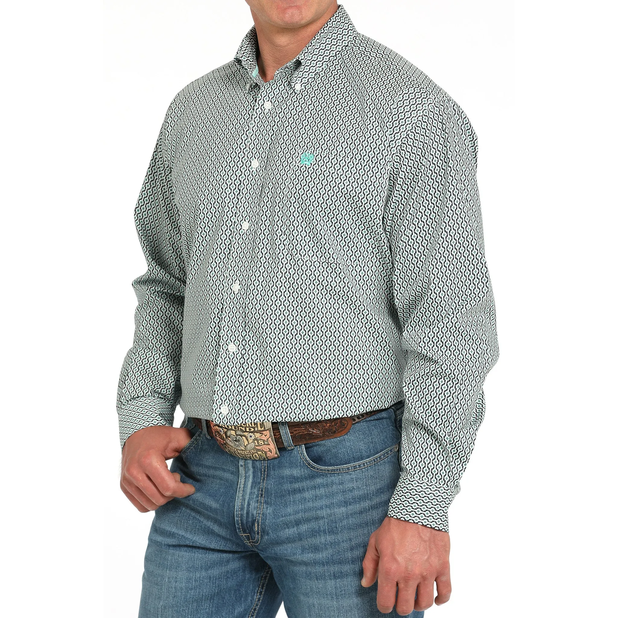 Cinch Men's White, Turquoise and Navy Geo Long Sleeve Shirt sold by Western Edge