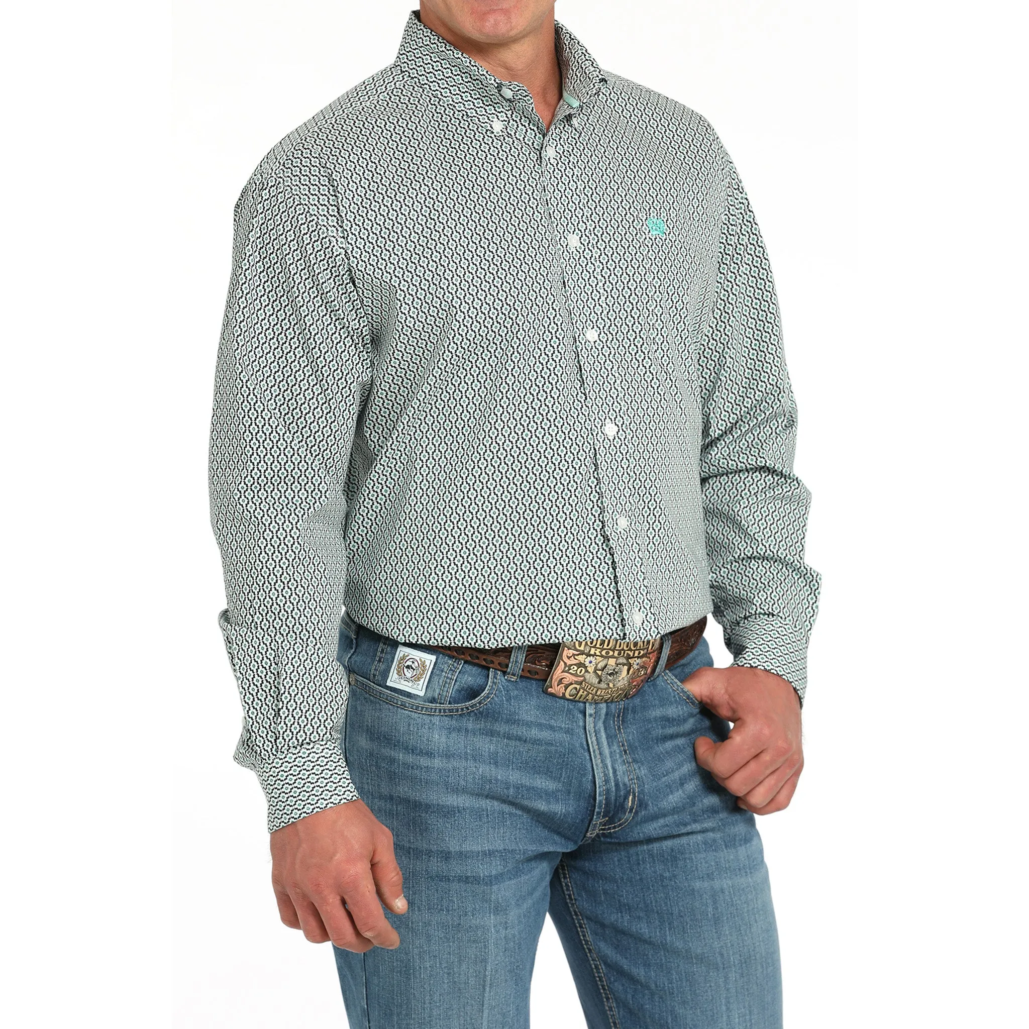 Cinch Men's White, Turquoise and Navy Geo Long Sleeve Shirt sold by Western Edge product image thumbnail 2