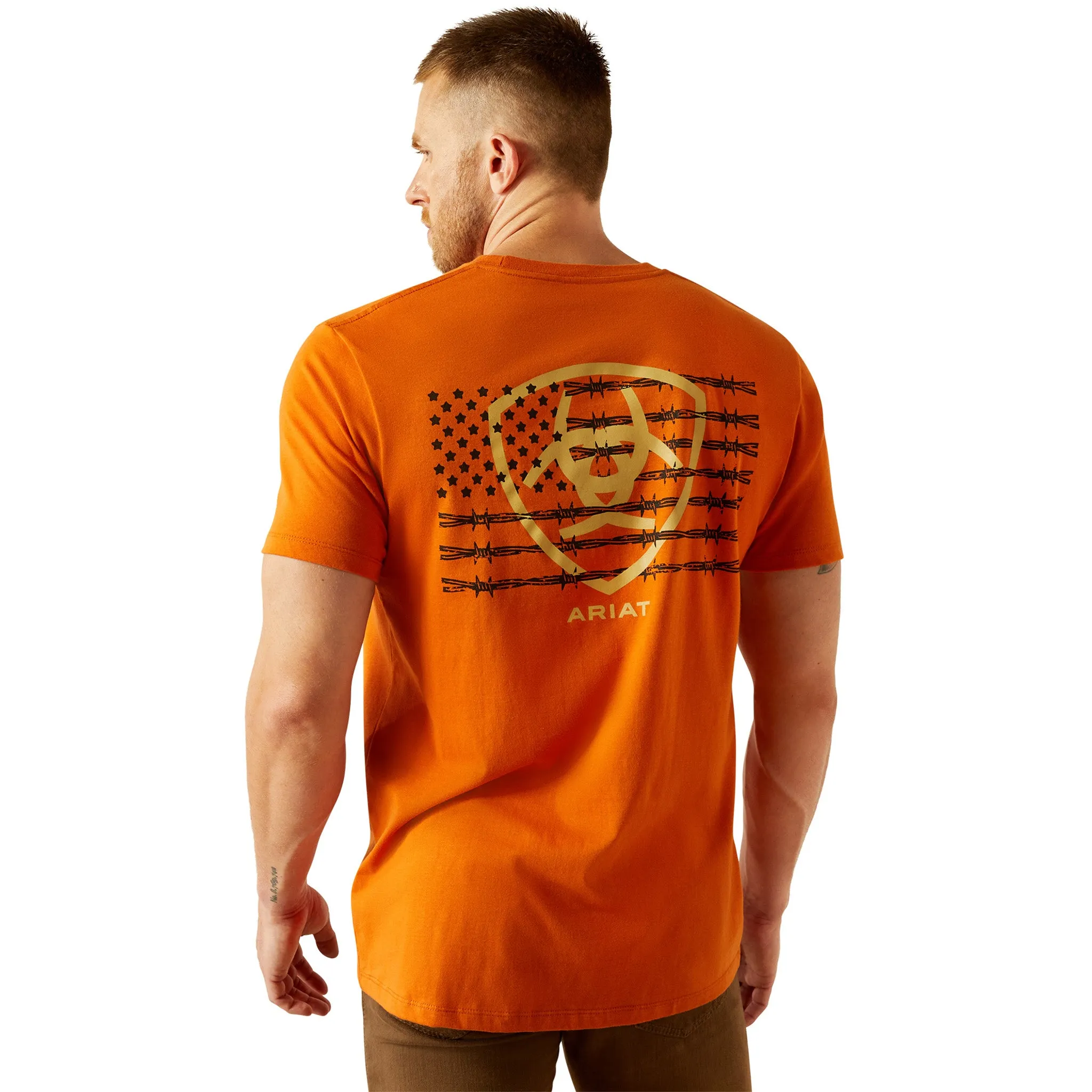 Ariat Men's Rust Orange Barbwire Flag & Shield Tee sold by Western Edge