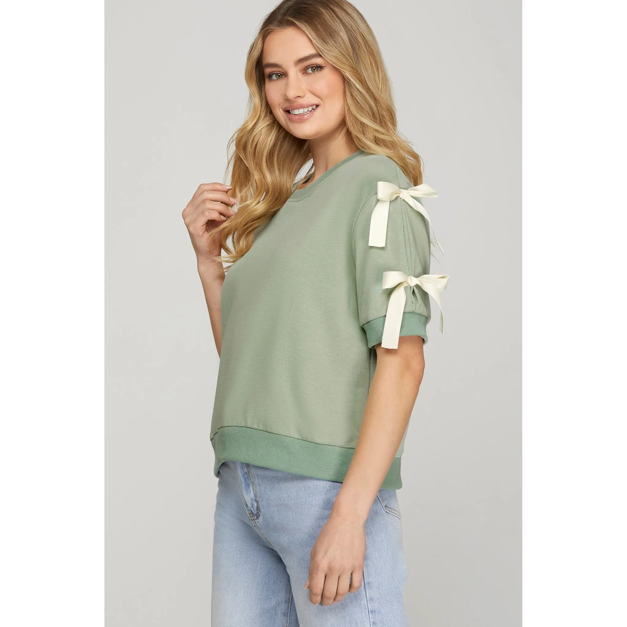 Seafoam Short Sleeve Top with Cream Accent Bows sold by Western Edge product image thumbnail 2