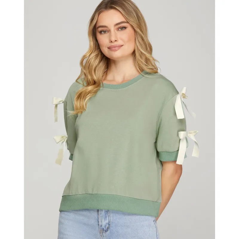 Seafoam Short Sleeve Top with Cream Accent Bows made by She and Sky