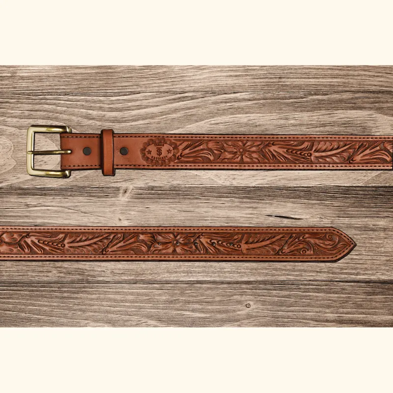 Texas Saddlery - Saddle Tan Floral Tooled Belt made by Western Edge