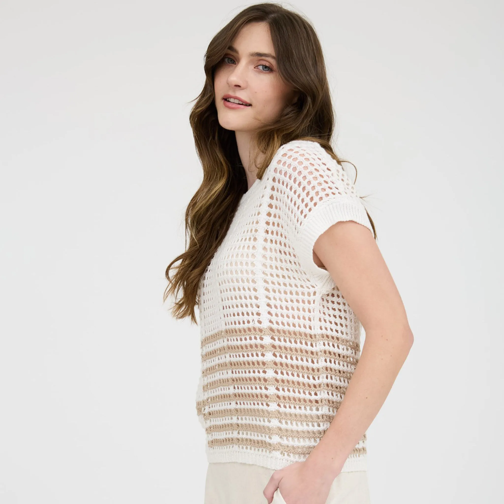 Women's Taupe Stripe Crochet Short Sleeve sold by Western Edge product image thumbnail 2