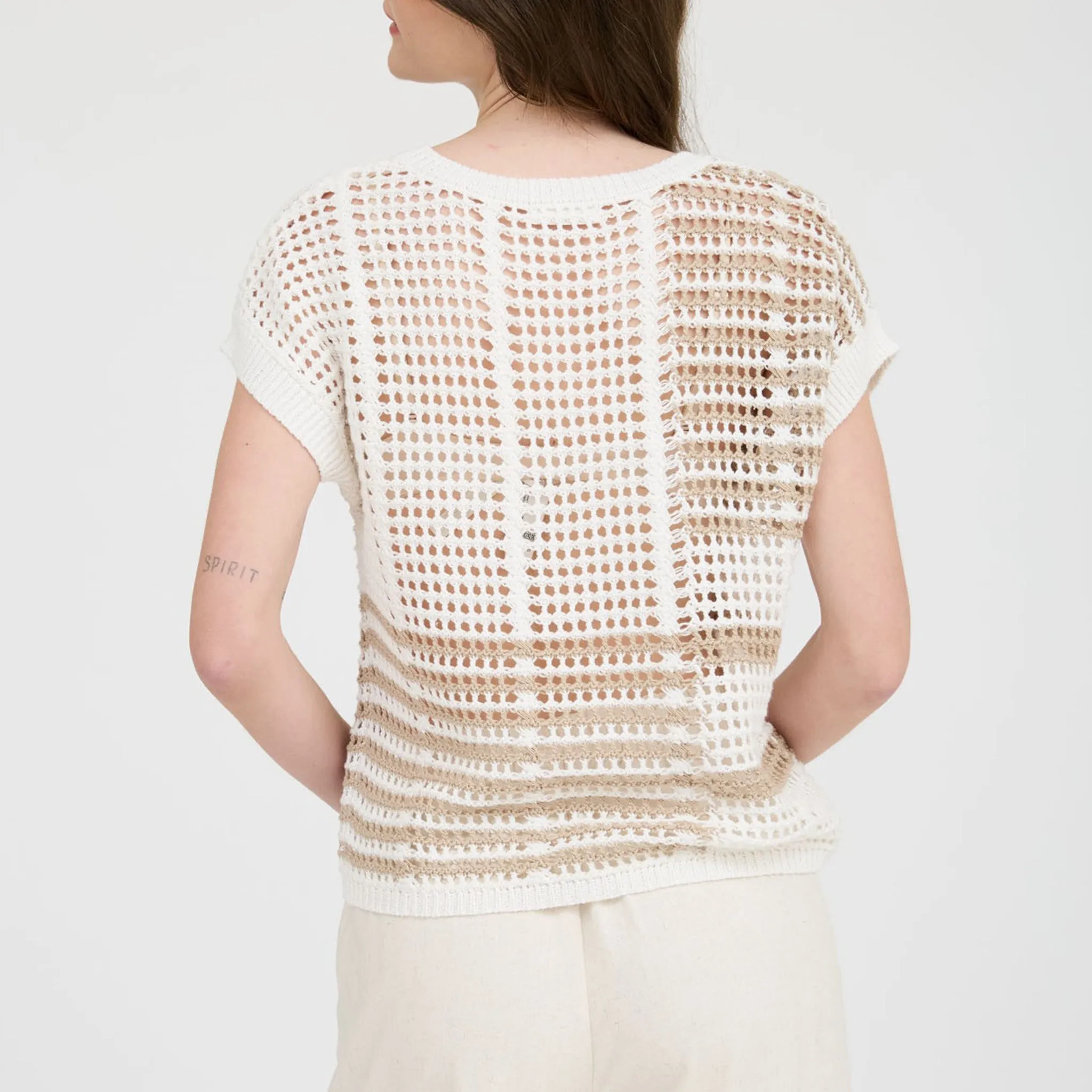 Women's Taupe Stripe Crochet Short Sleeve sold by Western Edge product image thumbnail 3