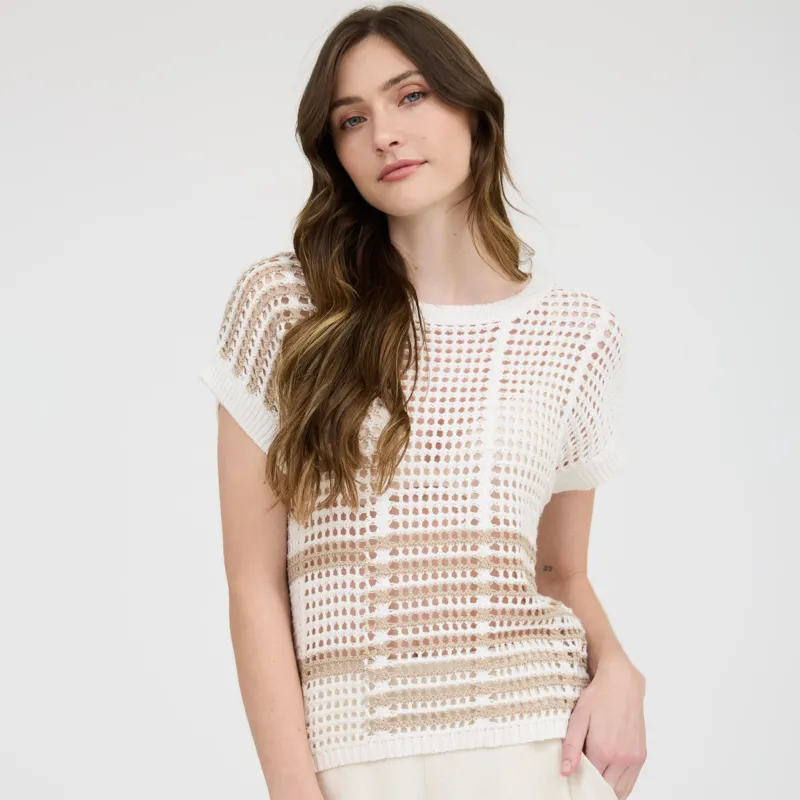 Women's Taupe Stripe Crochet Short Sleeve made by Blu Pepper