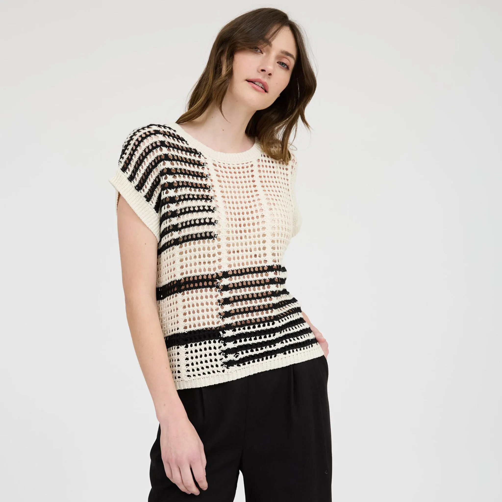 Black Multi Stripe Crochet Short Sleeve sold by Western Edge product image thumbnail 2
