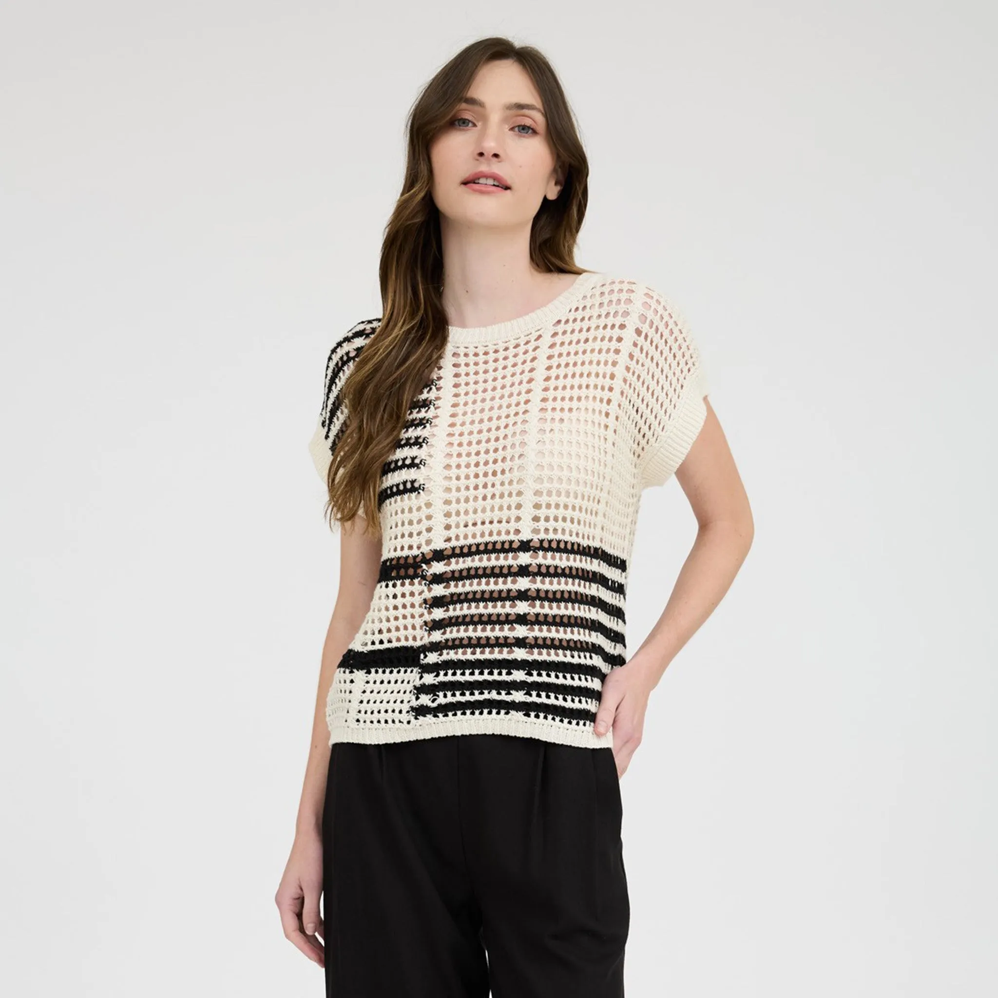 Black Multi Stripe Crochet Short Sleeve sold by Western Edge