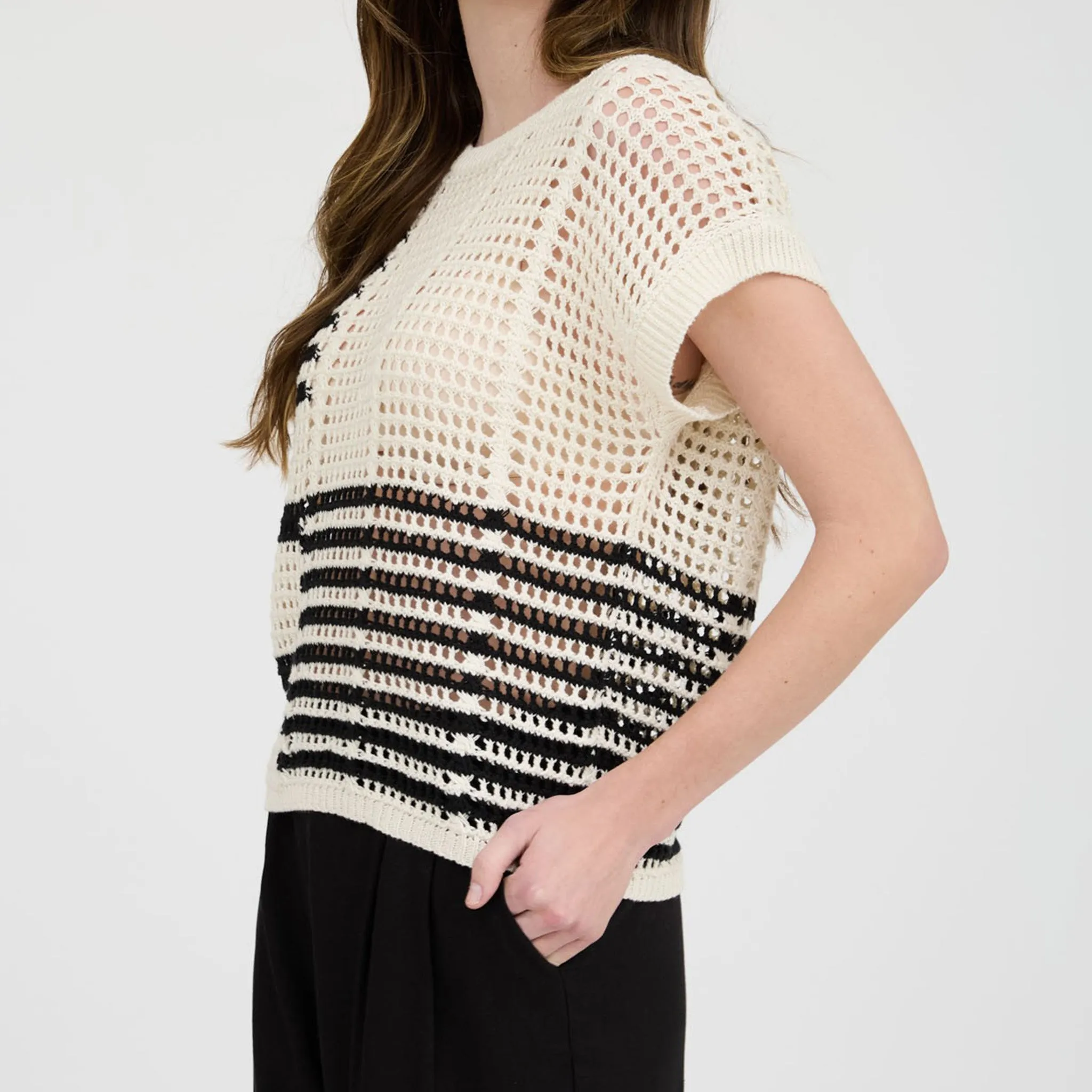 Black Multi Stripe Crochet Short Sleeve sold by Western Edge product image thumbnail 3