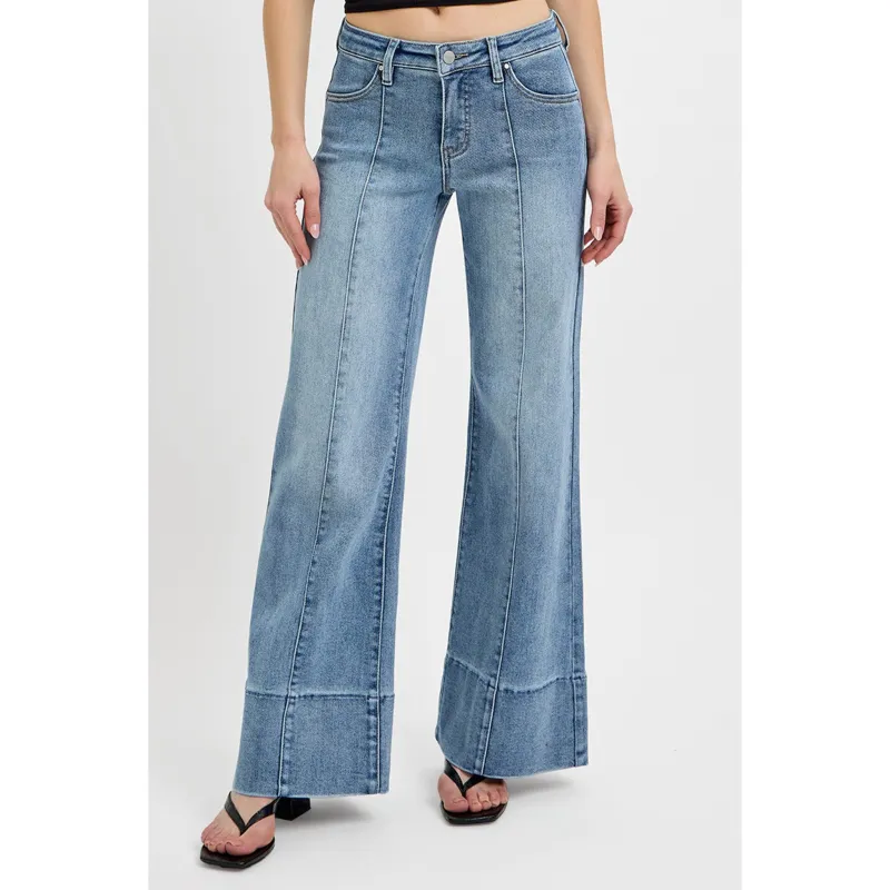 Risen Women's Mid Rise Ankle Wide Flare Jeans made by Risen