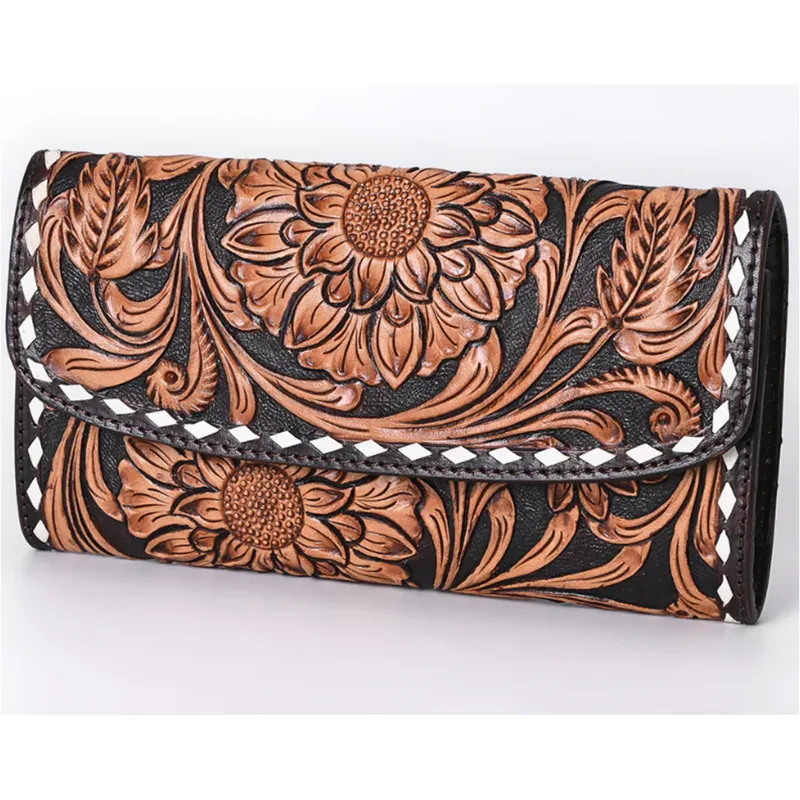 American Darling Tooled/ White Buck Stitch Wallet made by Western Edge