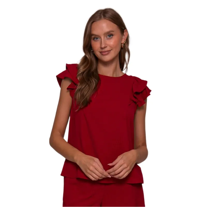 Women's Solid Burgandy Ruffle Short Sleeve made by Timing