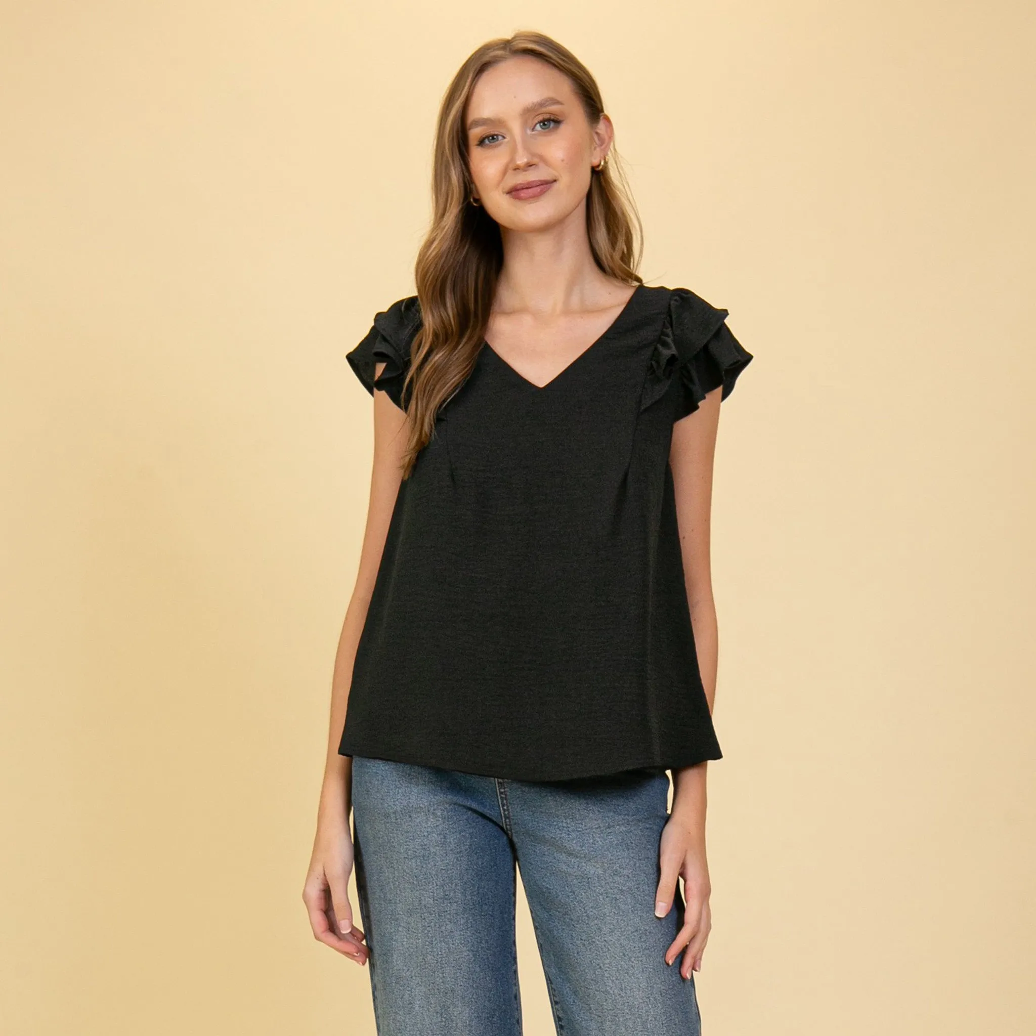 Women's Solid Black With Ruffle Short Sleeves sold by Western Edge