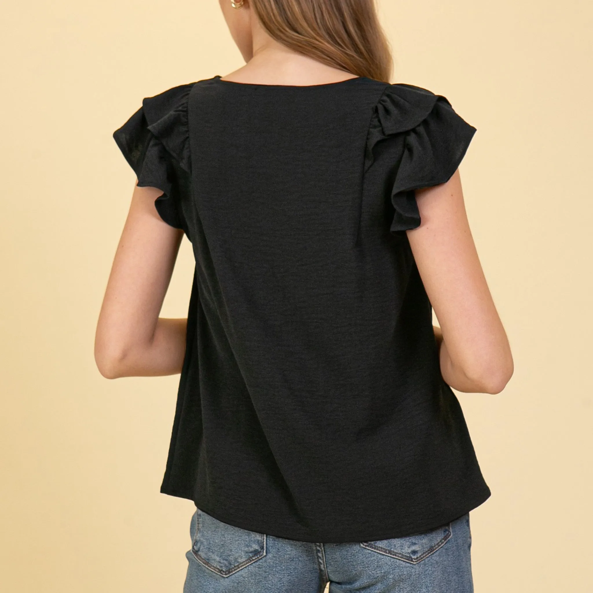 Women's Solid Black With Ruffle Short Sleeves sold by Western Edge product image thumbnail 4