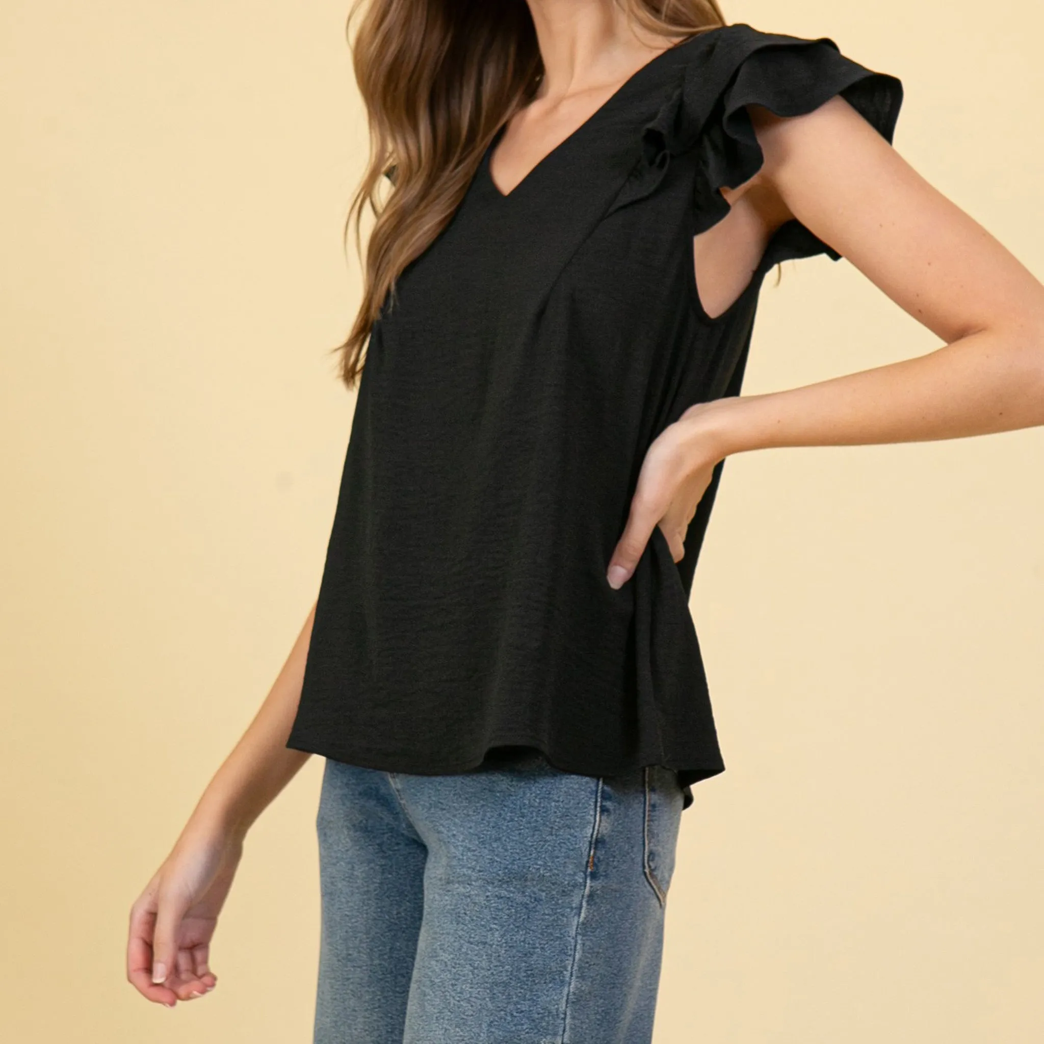 Women's Solid Black With Ruffle Short Sleeves sold by Western Edge product image thumbnail 2