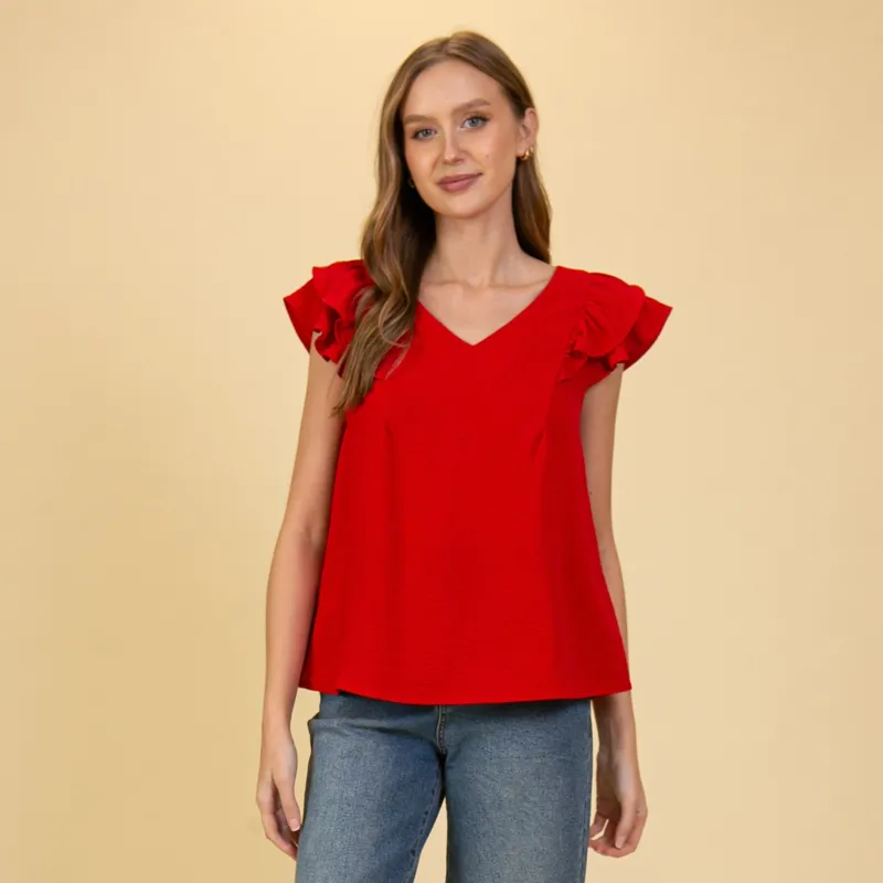 Women's Solid Red With Ruffled Short Sleeves made by Timing