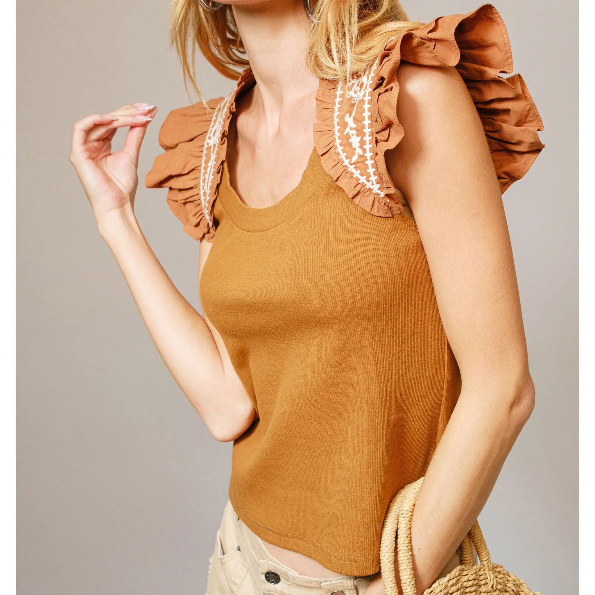 Women's Camel Color Embroidered Ruffle Shoulder Short Sleeve sold by Western Edge product image thumbnail 2
